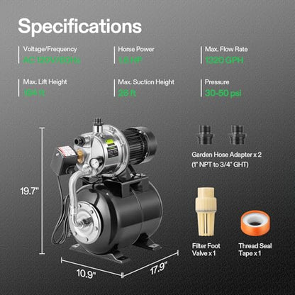 VIVOSUN 1.6 HP Shallow Well Pump with Pressure Tank, NSF Certified, 1320GPH - size: 22"×13"-1320