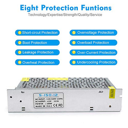inShareplus 12V 12.5A 150W, DC Universal Regulated Switching Power Supply, 100-240V AC to DC 12 Volt LED Driver, Converter, Transformer for LED Strip Light, Computer Project - style: 12V 150W