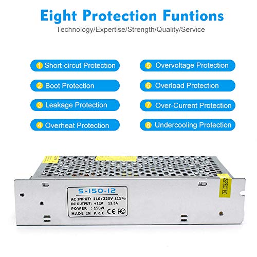 inShareplus 12V 12.5A 150W, DC Universal Regulated Switching Power Supply, 100-240V AC to DC 12 Volt LED Driver, Converter, Transformer for LED Strip Light, Computer Project - style: 12V 150W