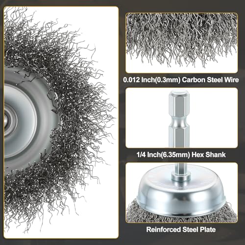 DTGN 3 Inch Wire Wheel Cup Brush for Drill, 1/4 Inch Hex Shank - size: 3 inch