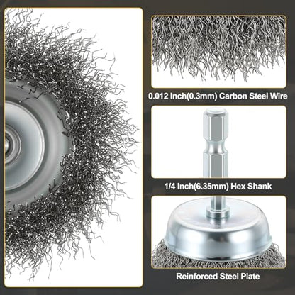 DTGN 3 Inch Wire Wheel Cup Brush for Drill, 1/4 Inch Hex Shank - size: 3 inch