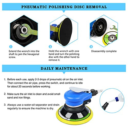Air Random Orbital Sander 6-inch Dual Action Pneumatic Orbit Orbit Polisher Pro Grinding Sanding Tools Silver - color: Blue / 6"