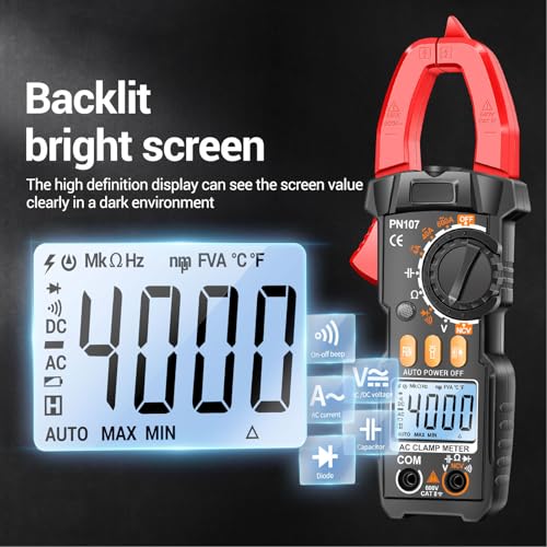 Digital Clamp Meter, 6000 Counts, T RMS Multimeter, Auto Ranging Voltmeter Ampmeter with AC DC Current Voltage, NCV Live Wire, Inrush, Diode, Temperature, Continuity