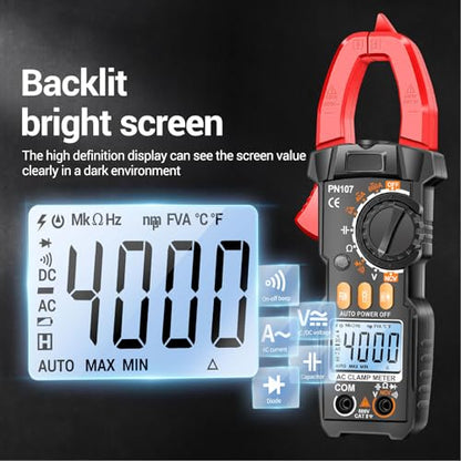 Digital Clamp Meter, 6000 Counts, T RMS Multimeter, Auto Ranging Voltmeter Ampmeter with AC DC Current Voltage, NCV Live Wire, Inrush, Diode, Temperature, Continuity