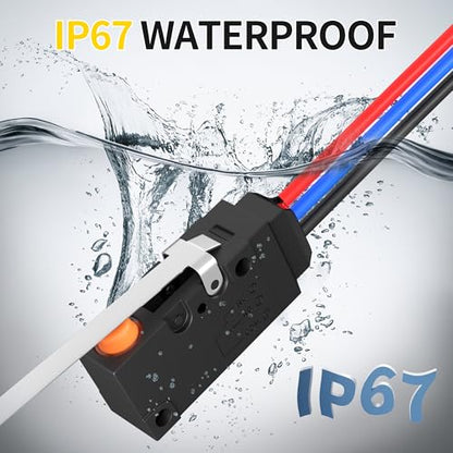 Joinfworld Waterproof Micro Limit Switch with Long Straight Hinge Lever SPDT 3 PIN 10A 125 250V Micorswitch with Pre-Wired for Arduino, Appliance and Electronic - 2Pack - style: WS2-Hinge Lever