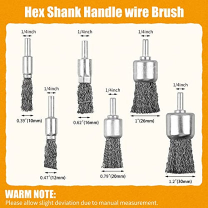 30 Pack Wire End Brush Set, 6 Sizes 0.012" Crimped Carbon Steel Wire Wheel Drill with 1/4 Inch Hex Shank - style: 30 Pcs Kit