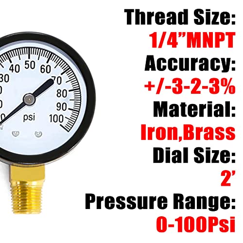 1/4" NPT 100Psi Steel Economical All Purpose Pressure Gauge with Brass Internals 2" Dial Display Bottom Mount - size: 0-100Psi (dry), style: Lower Mount-1/4"NPT