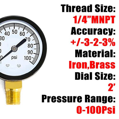 1/4" NPT 100Psi Steel Economical All Purpose Pressure Gauge with Brass Internals 2" Dial Display Bottom Mount - size: 0-100Psi (dry), style: Lower Mount-1/4"NPT