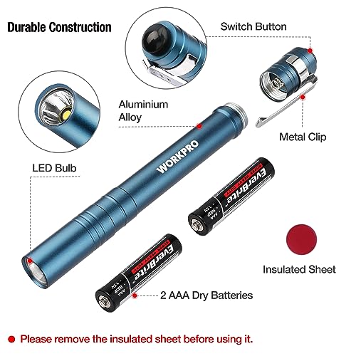 WORKPRO LED Pen Light, Aluminum Pen Flashlight, Pocket Flashlight with Clip - color: Blue