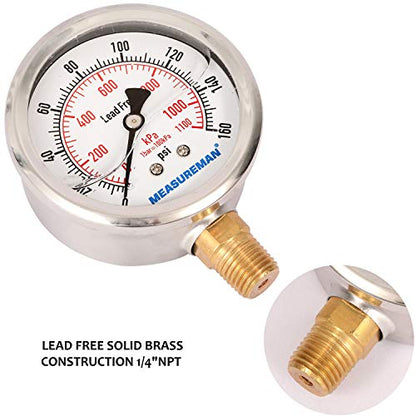 MEASUREMAN Lead-Free Pressure Gauge, 2-1/2inch Dial, Glycerin Filled, 0-160psi/kpa, Stainless Steel Case, 1/4inchNPT Lower Mount - size: 0-160 psi, style: Lower Mount(Lead-Free)
