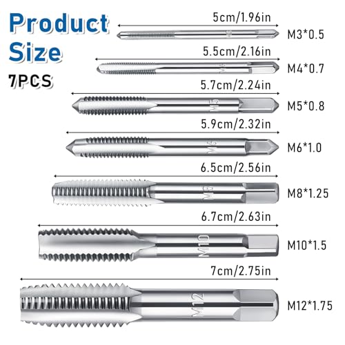 7 Piece Metric Tap Set, M3 M4 M5 M6 M8 M10 Tap and Die Set, Metric Thread TapSet, Spiral Point Taps, Hss Nitriding Coated, With Adjustable T-Handle Wrench