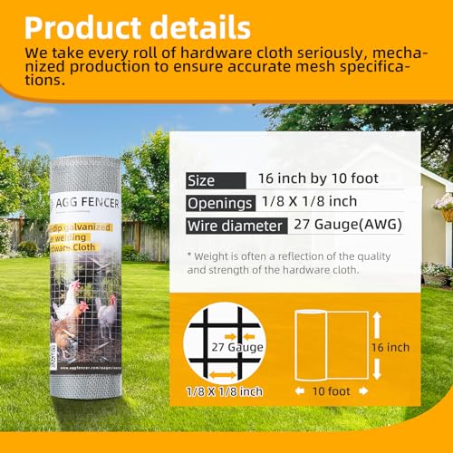AggFencer 16in x 10ft Hardware Cloth 1/8 inch 27Ga Chicken Coop Wire Fence - size: 16in x 10ft