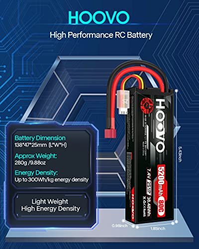 HOOVO 2S 7.4V 5200mAh 80C RC LiPo Battery Hard Case with T Connector 2 Pack - style: 2S 5200mAh