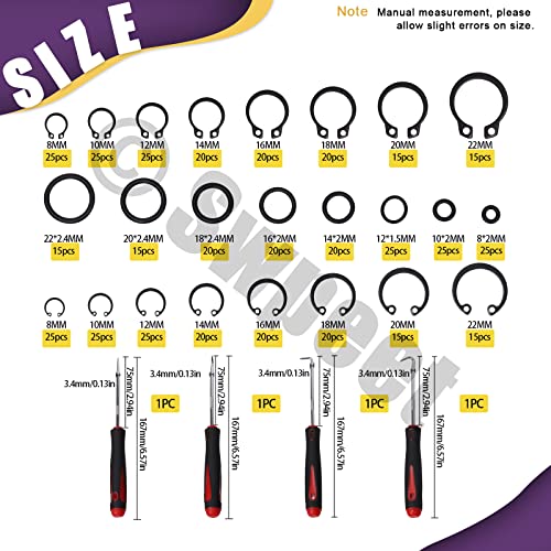 Swpeet 499Pcs Universal O-Ring Washer, 8mm to 22mm Alloy Steel External Retaining Rings Internal Circlip Snap Retaining Clip Ring with Short Pick and Hook Assortment Kit for Pin Clips Plumbing