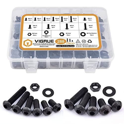 VIGRUE 288PCS M6 M8 Button Head Hex Socket Cap Screws Bolts Nuts Washer Assortment Kit, 10.9 Grade Alloy Steel Black Oxide, Fully Threaded - size: 288PCS M6 M8