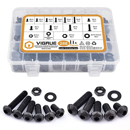 VIGRUE 288PCS M6 M8 Button Head Hex Socket Cap Screws Bolts Nuts Washer Assortment Kit, 10.9 Grade Alloy Steel Black Oxide, Fully Threaded - size: 288PCS M6 M8