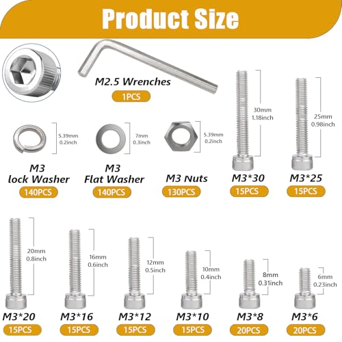 Taiss 540PCS M3 Screw Kit,8 Sizes M3 x 6mm/8mm/10mm/12mm/16mm/20mm/25mm/30mm 304 Stainless Steel Hex Socket Head Cap Screws Bolts Washers Nuts Kit,Small Metric Screws - color: SS 540PCS M3 Kit