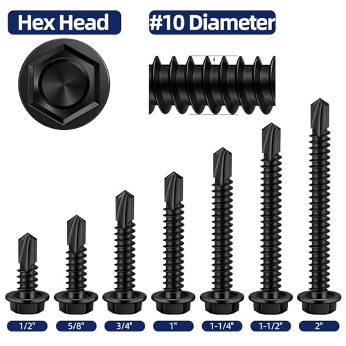 #10 x 2 Hex Washer Head Self Drilling Sheet Metal Screws with Drill Point, 410 Stainless Steel Self Tapping Screws for Metal, Black Oxide, 50 PCS - color: Black, size: #10 x 2"
