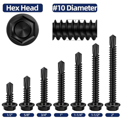 #10 x 2 Hex Washer Head Self Drilling Sheet Metal Screws with Drill Point, 410 Stainless Steel Self Tapping Screws for Metal, Black Oxide, 50 PCS - color: Black, size: #10 x 2"