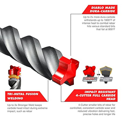 Diablo Rebar Demon SDS-Plus 4-Cutter Full Carbide Head Hammer Drill Bit - size: 12" Length x 5/8" Dia