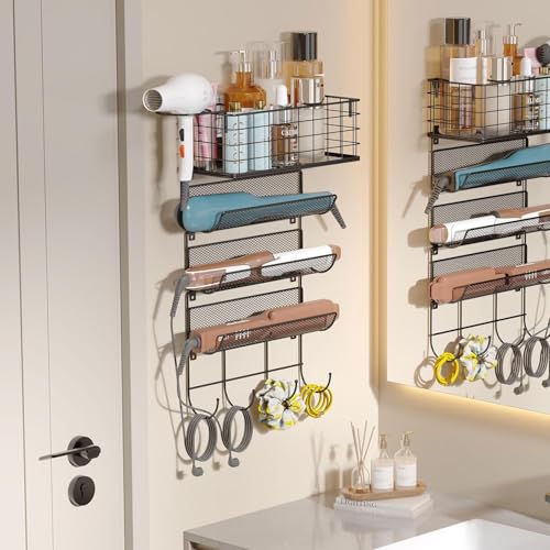 Wall-Mounted Hair Dryer Holder Styling Tool Organizer 4-Shelf Storage Wire Basket with Hook Heat Safe Rack for Hair-Straighteners,Curling Wands,Flat Iron,Perfume,Cabinet Door Bathroom Kitchen - color: BLACK-1 Basket & 3 Shelf