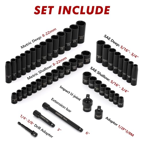 CASOMAN 3/8" Drive Impact Socket Set, 49 Piece Standard SAE and Metric Sizes (5/16-Inch to 3/4-Inch and 8-22 mm), 6 Point, Cr-V Steel Socket Set - size: 3/8"