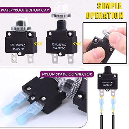 Swpeet 30Pcs 15Amp Thermal Circuit Breaker with Quick Connect Terminals and Waterproof Button Caps Assortment Kit,Waterproof Push Button Circuit Breaker 32V DC 125/250VAC 50/60Hz for Switch Operation - style: 15Amp