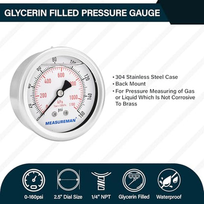 MEASUREMAN 2-1/2" Dial Size, Glycerin Filled Pressure Gauge, 0-160psi/kpa, 304 Stainless Steel Case, 1/4" NPT Center Back Mount - size: 0-160 psi, style: Back Mount