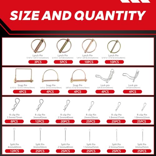 Cotter Pin Assortment Kit - 300PCS Heavy Duty Lynch Pin Set, Snap Pin, Hitch Pin & R Clip, Zinc-Plated Steel Linchpins for Tractor, Trailer, Truck, Lawn Mower, Farm Tools & Equipment