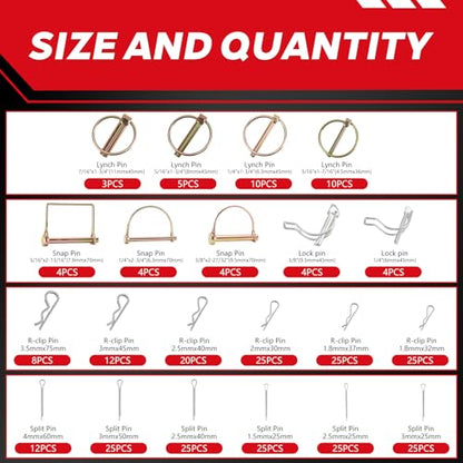 Cotter Pin Assortment Kit - 300PCS Heavy Duty Lynch Pin Set, Snap Pin, Hitch Pin & R Clip, Zinc-Plated Steel Linchpins for Tractor, Trailer, Truck, Lawn Mower, Farm Tools & Equipment