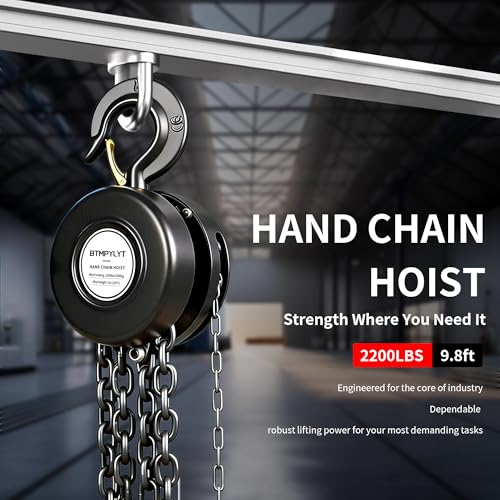 1 Ton Manual Chain Hoist, 10ft Lift Height, 2200 Lbs Capacity with Heavy Duty Hooks, Black Hand Chain Block for Warehouse, Garage, Workshop