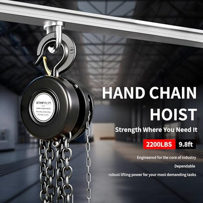 1 Ton Manual Chain Hoist, 10ft Lift Height, 2200 Lbs Capacity with Heavy Duty Hooks, Black Hand Chain Block for Warehouse, Garage, Workshop