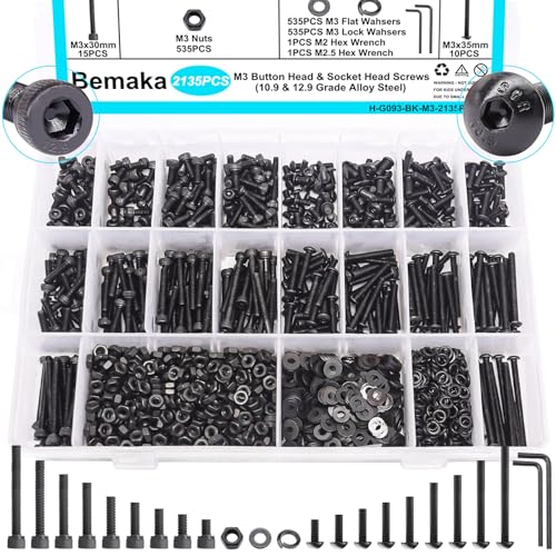 2135PCS M3 Screws Kit, M3x5/6/8/10/12/16/20/25/30/35mm Button Head and Socket Head Screws Bolts Nuts Washers Kit, 10.9 & 12.9 Grade Alloy Steel, Metric Bolts for 3D Printing - color: BK-M3 x 5-35mm