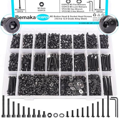 2135PCS M3 Screws Kit, M3x5/6/8/10/12/16/20/25/30/35mm Button Head and Socket Head Screws Bolts Nuts Washers Kit, 10.9 & 12.9 Grade Alloy Steel, Metric Bolts for 3D Printing - color: BK-M3 x 5-35mm