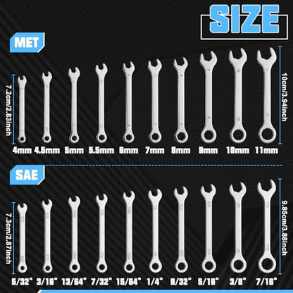 20PCS Super Thin Mini Wrench Set Standard Metric and SAE 4mm-11mm & 5/32"-7/16" Thickness Slim Open End and Box End Combination Wrench Set for Tight Spaces, Gate Clip in Pouch - size: Ultra-Thin SAE&Metric