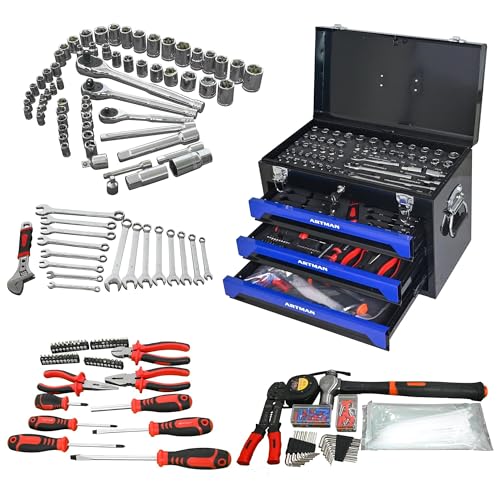 439 Piece Mechanics Tool Set, 3 Drawer 4-Tier Heavy Duty Metal Box with Household Tool Kit, Portable Tool Organizer Case for Auto Repair, Garage,Warehouse,Workshop,Repair Shop (Black&Blue) - color: Blue