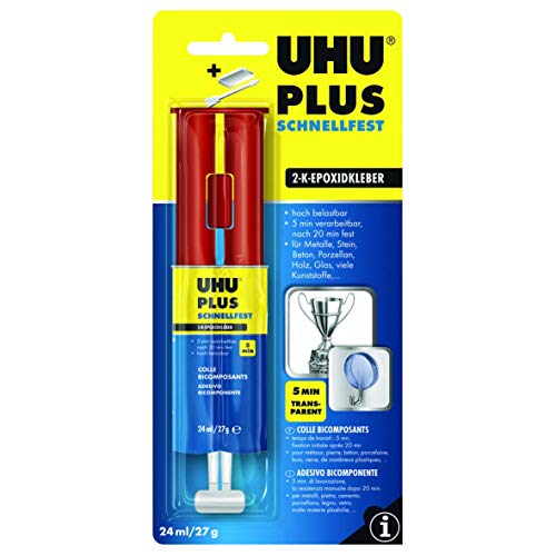 UHU 2-Component Adhesive Plus Fast, Fast and Crystal Clear 2-Component Adhesive in a Practical Double Chamber Syringe for one Application in The Correct Mixing Ratio, 25 g