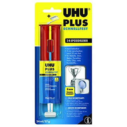 UHU 2-Component Adhesive Plus Fast, Fast and Crystal Clear 2-Component Adhesive in a Practical Double Chamber Syringe for one Application in The Correct Mixing Ratio, 25 g