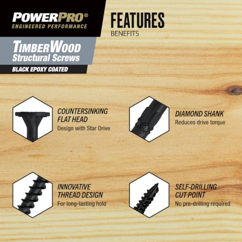 Power Pro TimberWood Structural Screws, 5/16in x 2-1/2in, 50 Pieces, Black - color: Black, size: 5/16 inch x 2-1/2 inch, style: 50pc