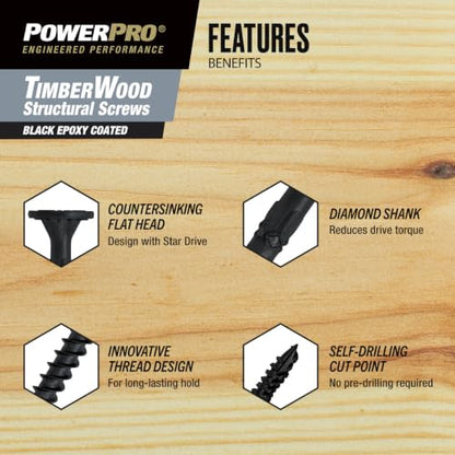 Power Pro TimberWood Structural Screws, 5/16in x 2-1/2in, 50 Pieces, Black - color: Black, size: 5/16 inch x 2-1/2 inch, style: 50pc