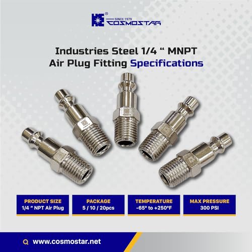 COSMOSTAR Industries Steel 1/4" MNPT Air Plug Fitting, 1/4 Inch Plug and 1/4" NPT Connector - Industrial Type Quick Connect Plugs (1/4" PMNPT0, 5 PCS)