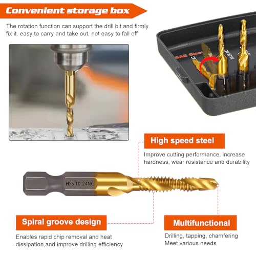 13PCS Titanium Drill Tap Set, HSS SAE & Metric Drill and Tap Bits with Quick Change Adapter, 3-in-1 Tool for Drilling, Tapping, Countersinking for Metalworking (Black) - style: 13pcs-Black