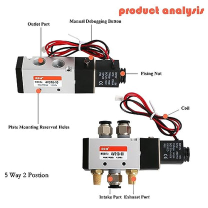 RIH Pneumatics Solenoid Valve 4V310-10 12V/24V/110V Series Single Coil Pilot-Operated Electric 2 Position 5 Way Connection Type (DC12V/Out of line, 3/8"NPT) - size: DC12V/Out of line, style: 3/8"NPT