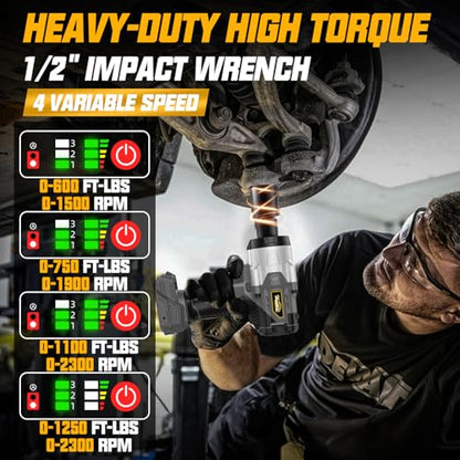Cordless 1/2" Impact Wrench Compatibe with Dewalt 20V Battery, 1250Ft-lbs(1700N.M) High Torque Impact Gun Heavy Duty, Brushless Electric Power Impact Driver with 4 Sockets&4 Speeds&LED Work Light - size: 1/2" 1700NM Compatibe with Dewalt