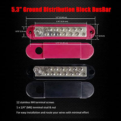 Ampper 1/4" Stud Power Distribution Block Bus Bar with 12 x #8 Screw, R & B - color: Red & Black, size: Plated Brass
