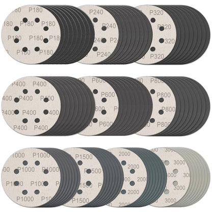 100Pcs 5 Inch Sanding Discs Hook & Loop 8-Hole Wet Dry Sandpaper Assortment - style: 100Pcs 180-3000 Grit (Mixed)