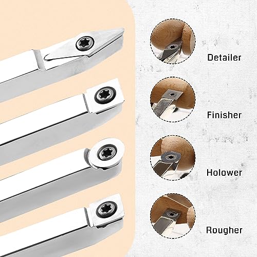 SainSmart 4 PCS Carbide Wood Lathe Turning Tool Set, Diamond, Round, and Square Replaceable Carbide Inserts, Ergonomic Wood Handle, for Turning Pens or Projects, One Wooden Storage Case