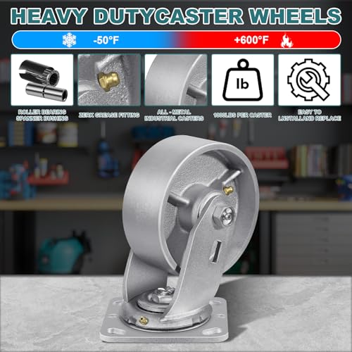 5" X 2" Caster Wheels, Heavy Duty Industrial Casters, Steel Casters 1000 LBS Capacity with Roller Bearing, Cast Iron Wheels, Metal Casters(1 Swivel) - style: 5"X 2"Wheel