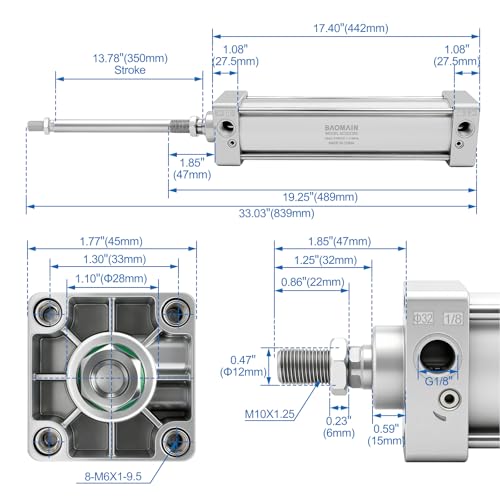 BAOMAIN Pneumatic Air Cylinder 1-1/4" Bore 13.78" Stroke SC32x350