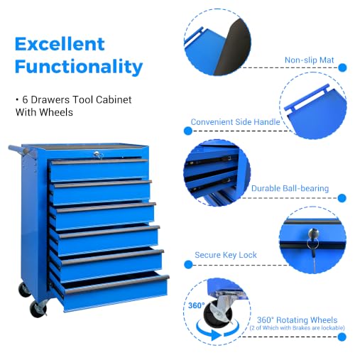 Rolling Metal Tool Chest with 6 Drawers, 20" 6-Drawer Tool Chest Cabinet with Ball Bearing Drawer Slides, Steel Tool Storage Box Organizer -Blue - color: Blue-6